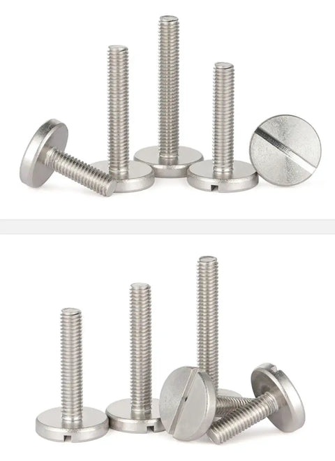 Top Tier 304 Stainless Steel M4x14mm Slotted Cheese Head Machine Screws Five Pack showing circular heads and threaded shafts.