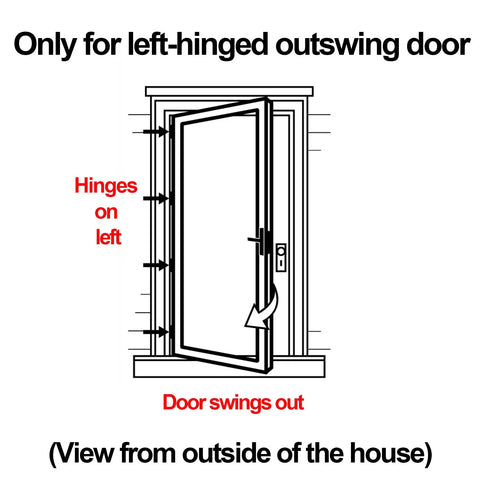 Diagram of left-hinged outswing door for Solid Brass Lever Door Handle Set For Screen And Storm Doors With Mortise Lock Only