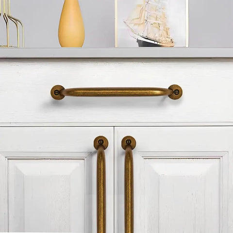 10 Pack 3 Inch Center To Center Antique Brass Vintage Cabinet Pulls Heavy Duty Solid Zinc Alloy Drawer Handles For Kitchen And Bathroom Vanity Old World Look Badass Style Upgrade on white cabinet.