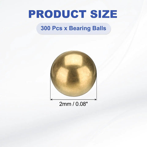 Top Shelf Precision 300 Pack H65 Brass Bearing Balls 2 mm G200 Metal Spheres showing 2mm diameter brass bearing ball with size label.