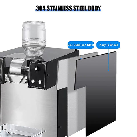 Side view of Commercial Electric Ice Shaver Machine With Adjustable Thickness, showing 304 stainless steel and acrylic components.