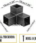 Heavy Duty 3-Way Right Angle Corner Bracket Kit For 4x4 Pergola Posts And Extension Wood Stand, shown with dimensions and screw details.