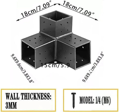 Heavy Duty 3-Way Right Angle Corner Bracket Kit For 4x4 Pergola Posts And Extension Wood Stand, shown with dimensions and screw details.