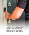 Person using dark gray smart keypad for smart lock, granting guest access with unique key codes via app and Bluetooth.
