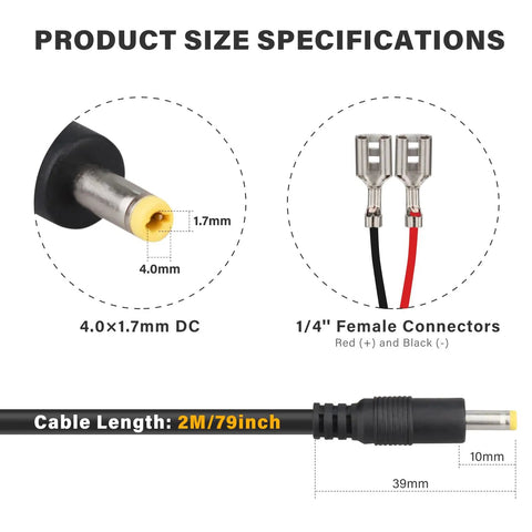 Tough As Nails Boss Grade Trail Camera Power Cord 79 In DC External Cable 4X1.7Mm specifications showing connectors and cable size.