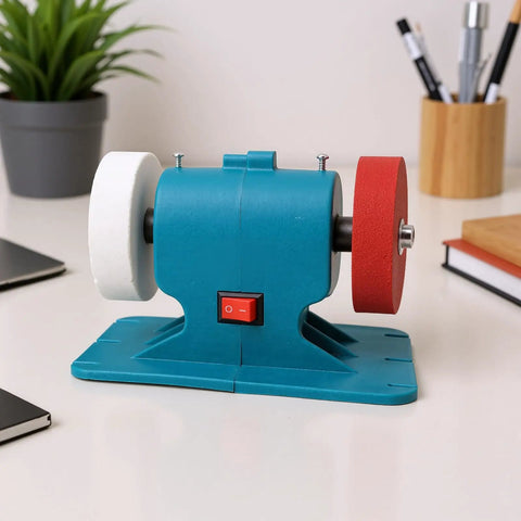 Sick Mini Bench Grinder Hitting 6000 Rpm With Dual 36 And 60 Grit Wheels shown at an angle, featuring red and white wheels for polishing.