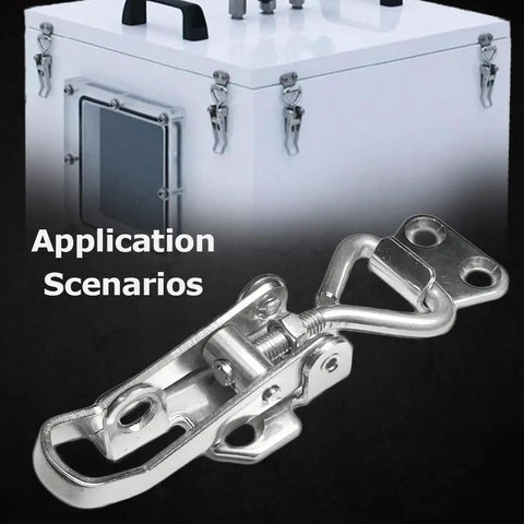 Rock Solid 316 Stainless Steel Marine Toggle Catch Latch With No Wiggle Guarantee and Heavy Duty Boat Hatch Lock Hasp on white container.
