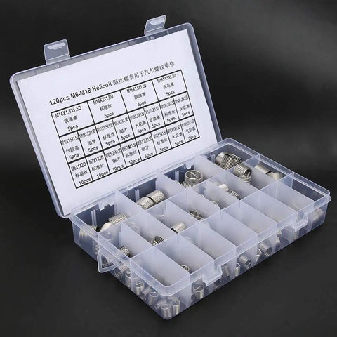Thread Repair Insert Kit With Stainless Steel Inserts, 120 Pcs M6 To M18, Multiple Pitch Options in organized case, open view