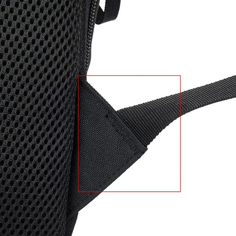 Close-up of ergonomic breathable mesh shoulder strap on DSLR Camera Backpack With Shockproof Shell, Grab-And-Go Lens And Tripod Compartment.