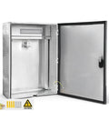 Heavy Duty Wall Mount EV Charger Enclosure Built Tough As Nails For All Season Exterior Use Featuring Rust Proof Steel Shell And Digital Combo Lock showing open steel box with lock.