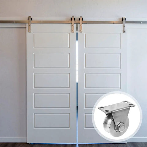 Stainless Steel Sliding Door Pulleys With Double Bearing And Heavy Duty Triangular Bracket Window Rollers Built Tough For Real Smooth Operation On Any Home Setup mounted on white sliding doors.