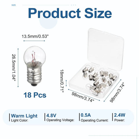 18 Pack E10 Miniature Screw Base Light Bulbs Delivering Hella Bright Warm Yellow Glow 4.8 Volt 2.4 Watt glass design with dimensions