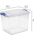 Twenty Seven Quart Clear Plastic Storage Container With Durable Blue Latches And Secure Recessed Lid Stackable Tote Bin dimensions 16½" L x 13" W x 12¼" H