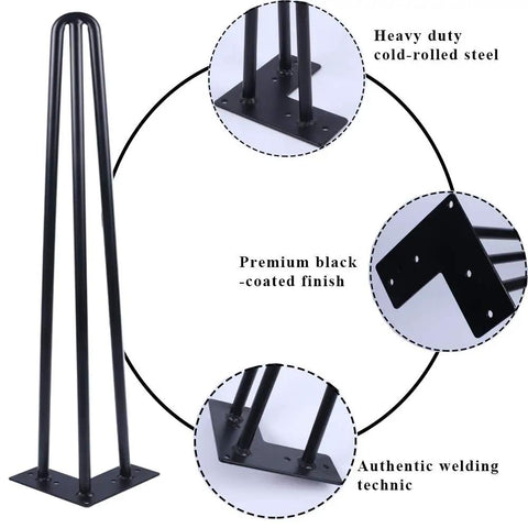 34 Inch Hairpin Table Legs Set For DIYers 1/2 Inch Dia 3 Rods Heavy Duty Metal Furniture Feet for Coffee Table TV Stand Mid Century Black with Floor Protectors 4 Pack, showing steel construction and black finish