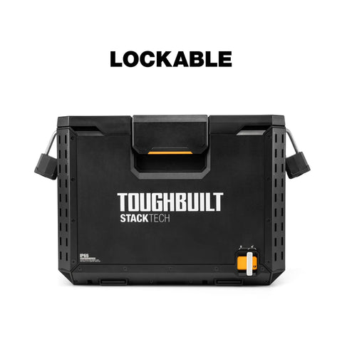 StackTech XL Tool Box Organizer With Locking System And Removable Tray Heavy Duty Tool Storage With Black Finish Front View