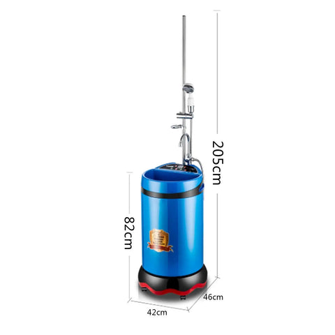 Killer Portable Shower Station Pairing Smart Electric Water Heater With A Gritty 2000 Watt Power Surge, blue, 205cm tall, with faucet and safety features.