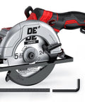 Six Inch Cordless Mini Circular Saw With Brushless Motor And 5900 RPM Blade Compatible With Milwaukee M18 Battery, showing blade and accessories.