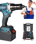 Rock Solid Heavy Duty Cordless Electric Rivet Gun And Nut Tool Kit Featuring Bright Work Lamp Smart Power Meter Battery Charger Carry Pouch