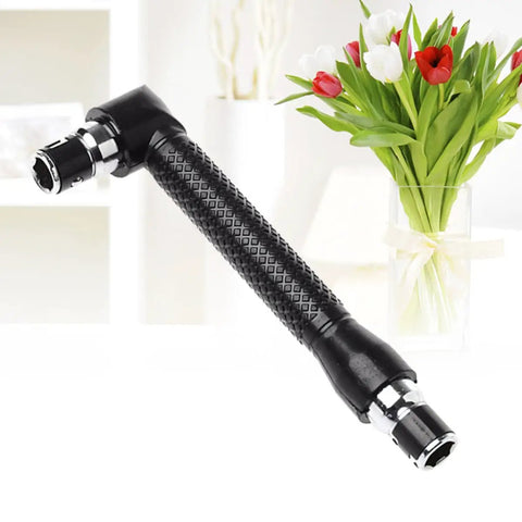 Heavy Duty Dual End Socket Wrench With 1/4 Hex Drive And Extended L Handle forged steel, showing handle grip and socket ends.