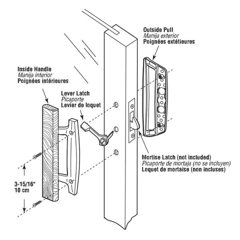 Diagram showing Replace Damaged Sliding Glass Door Handle With This White Diecast Mortise Hook Style Set That Fits 3 15 16 Inch Hole Spacing Easy Install And Durable Hardware For Quick Home Makeovers, including inside and outside pulls and lever latch.