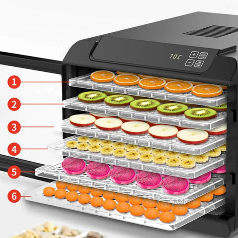 Heavy Duty Six Layer Electric Food Dehydrator For Fresh Fruits Veggies Beef Jerky And Homemade Pet Snacks Featuring Quiet Motor And Fast Dry Modes, showcasing trays of assorted fruits.