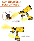 Professional Cordless Paint Sprayer Featuring Dual Power Packs Along With A Punchy 800W Motor For Consistent Atomization and Zero Sweat Outdoor Projects, showing adjustable 360° suction tube.