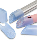 Close-up of blue disposable vac tip screen for standard size HVE tips, showing fit on metal and plastic tips, pack of 100