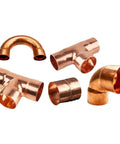 Multi Size Copper End Feed Pipe Fitting Set For Air Conditioning, One Quarter To One Inch, U, T, and elbow fittings visible