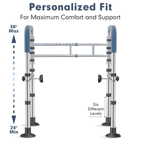 Heavy Duty Toilet Safety Rail With Reinforced Wheel Support Frame And Anti Slip Locking Feet showing adjustable height options from 24" to 30".