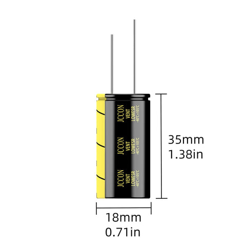 Heavy Duty 5 Pack 450 Volt 120 Microfarad Radial Electrolytic Capacitors 18X35mm Low ESR, vertical view with size dimensions.