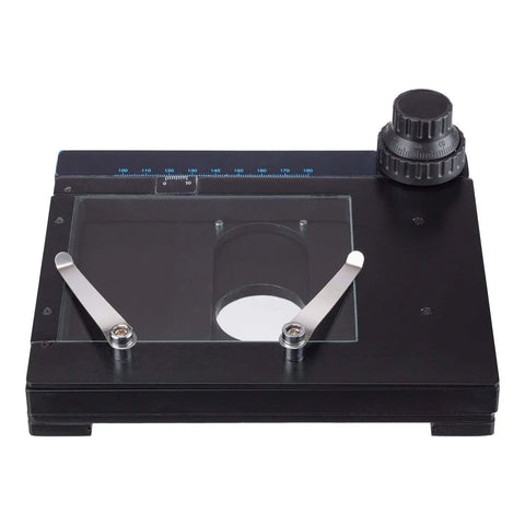 X-Y Gliding Table For Microscopes Manual Stage Pro Grade Hands Free Slide, 7x6x1 inch, black finish, top view with control knob
