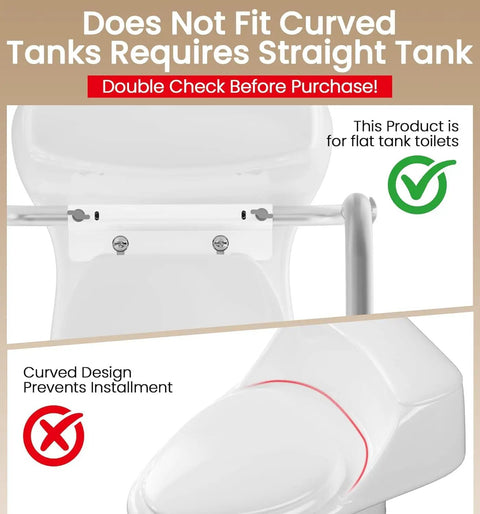 Rock Solid Aluminum Toilet Safety Handle For Seniors Supporting Up To Three Hundred Fifty Pounds With Easy Grip Install and Hella Stabilizing Assist Bar for flat tank toilets.