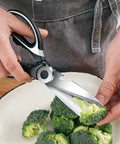Rugged Kitchen Scissors For Everyday Cooking Ultra Sharp Stainless Steel Meat Shears For Spatchcocking Chicken Poultry Fish And Herbs Dishwasher Safe Multi Purpose Scissors With Ergonomic Comfort Grip And Built In Nutcracker Bottle Opener cutting broccoli in a bowl