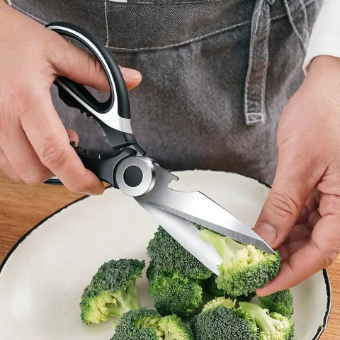 Rugged Kitchen Scissors For Everyday Cooking Ultra Sharp Stainless Steel Meat Shears For Spatchcocking Chicken Poultry Fish And Herbs Dishwasher Safe Multi Purpose Scissors With Ergonomic Comfort Grip And Built In Nutcracker Bottle Opener cutting broccoli in a bowl
