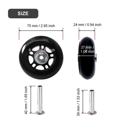 75 By 24mm Luggage Wheel Replacement Kit showing front and side views with axles, dimensions labeled, for carry on trolleys travel cases