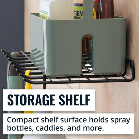Legit Heavy Duty Wall Mounted Wire Shelf Rack With Nine Sturdy Hooks For Hauling Brooms Mops And Cleaning Gear, compact storage shelf with spray bottles.