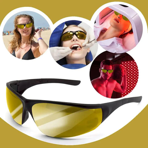 Premium Red Light Therapy Glasses With Wraparound Side Shields For Superior Eye Protection During Tanning And Laser Hair Removal Sessions That Straight Up Hits Different, shown on a plain background.