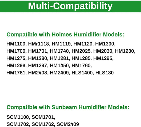 Compatibility chart for 4 Pack HWF62 Humidifier Filter Compatible With Holmes And Sunbeam Humidifiers SCM1100 SCM1701 SCM1702 HM1701