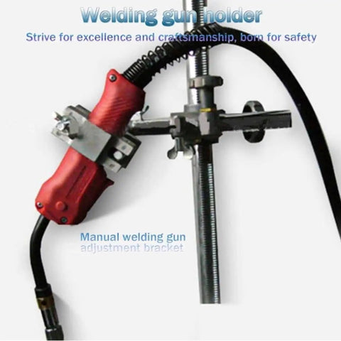 Welding gun holder with manual adjustment bracket, designed for secure and safe welding operations.