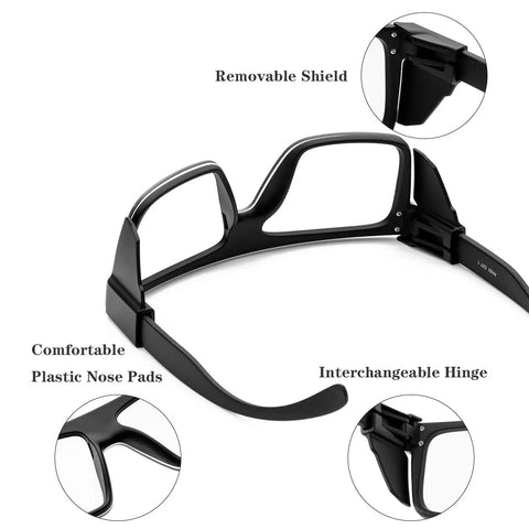 Go To Transition Photochromic Safety Glasses With UV400 Grey Lenses And Ansi Z87 Impact Resistant Wraparound Frame showing removable shield, interchangeable hinge, and plastic nose pads.