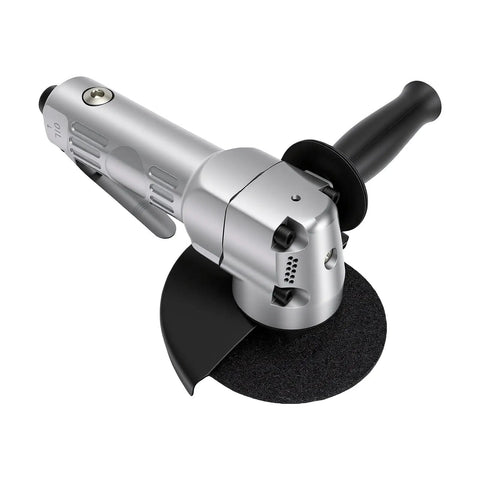 Five Inch Pneumatic Angle Grinder For Metal Cutting And Grinding Ergonomic Grip Low Vibration Lightweight Frame Built Like A Beast For Hard Knocks And The Daily Workshop Grind, silver body, side view.