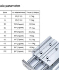 Data parameters table for the Rock Solid Three Shaft Guided Pneumatic Air Cylinder Double Acting Built Tough Industrial Actuator.