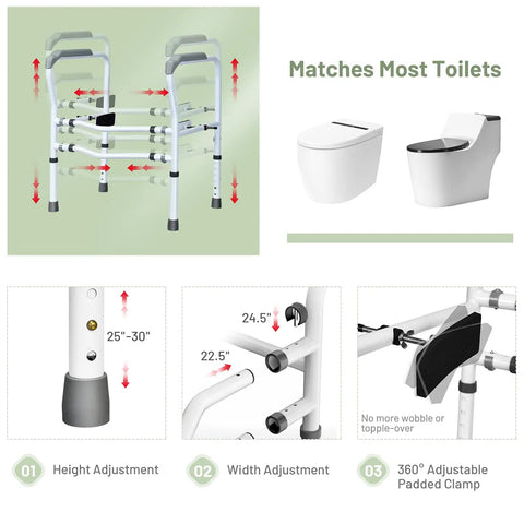 Heavy Duty Adjustable Toilet Safety Frame And Rail For Elderly Bathroom Assist with height and width adjustment features.