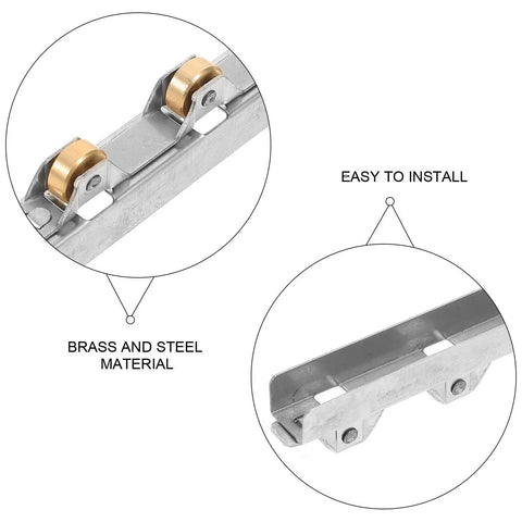 Heavy Duty Sliding Door Window Pulley Wheel With Double Bearing Track Guide Roller For Hassle Free Wardrobe Fixes Slick Glide Action And Rock Solid Performance showing brass and steel track with easy installation.