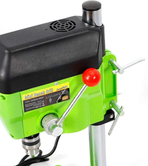 Close-up of Solid 480W Mini Bench Drill Press with 1-10mm Chuck, green design, and control knob for precision drilling.