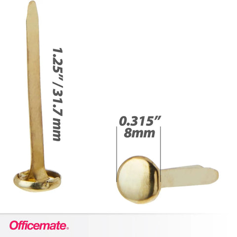 Score Some Top Shelf Brass Plated Paper Fasteners Boasting Razor Sharp Tips And Rock Solid Shanks That Slide Through Stacks Effortlessly A One Hundred Piece Box displays 1.25" and 0.315" sizes.