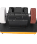 Cordless Mini Bench Grinder With Variable Speed Settings And Twin Grinding Discs top view showing dual grit wheels and sturdy frame.