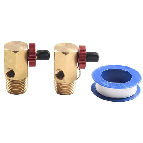 Rock Solid Brass Air Tank Manifold With Half Inch NPT Fittings And Automatic Shut Off Safety Valve Rated At 125 PSI, includes two brass valves and sealing tape.