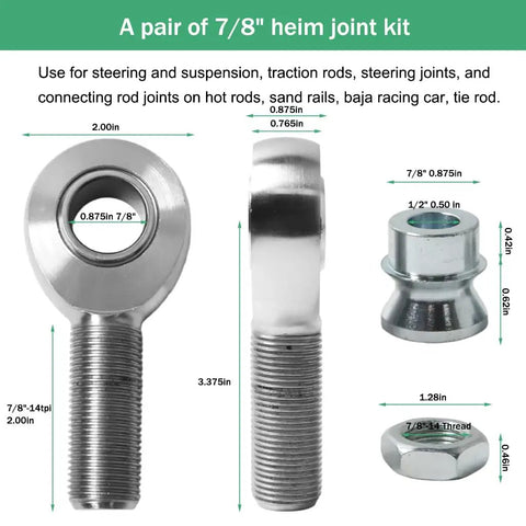 Heavy Duty 7/8 Inch Heim Joint Rod End Kit With 0.875 Threads showing dimensions for suspension applications.