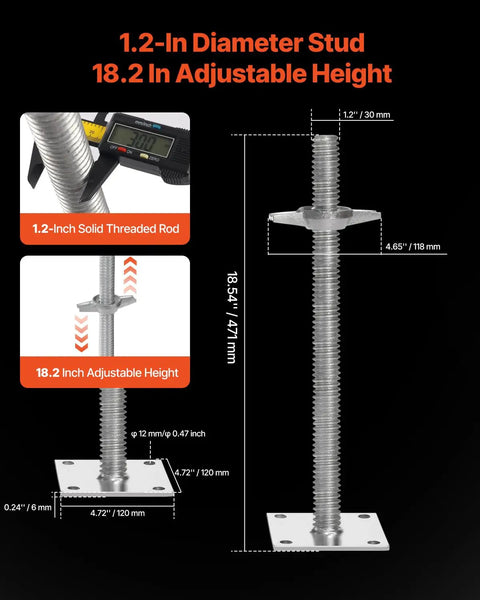 Four Pack Beefy Adjustable Leveling Jacks For Baker Style Scaffolding, 18.2 Inch Height Range, 1.2-inch solid threaded rod.